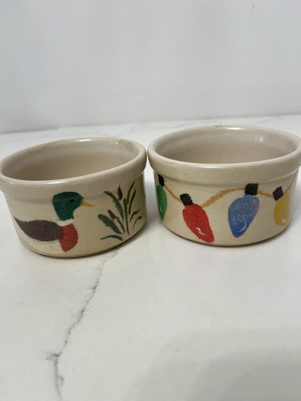 Roseville Cups Salt Pepper Hand Painted Stoneware 2 Cups Vtg Farmhouse Cottage